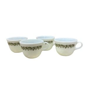 Vintage Pyrex Mugs Set of 4, Green Floral Lace Band, Milk Glass‎ Coffee Cups